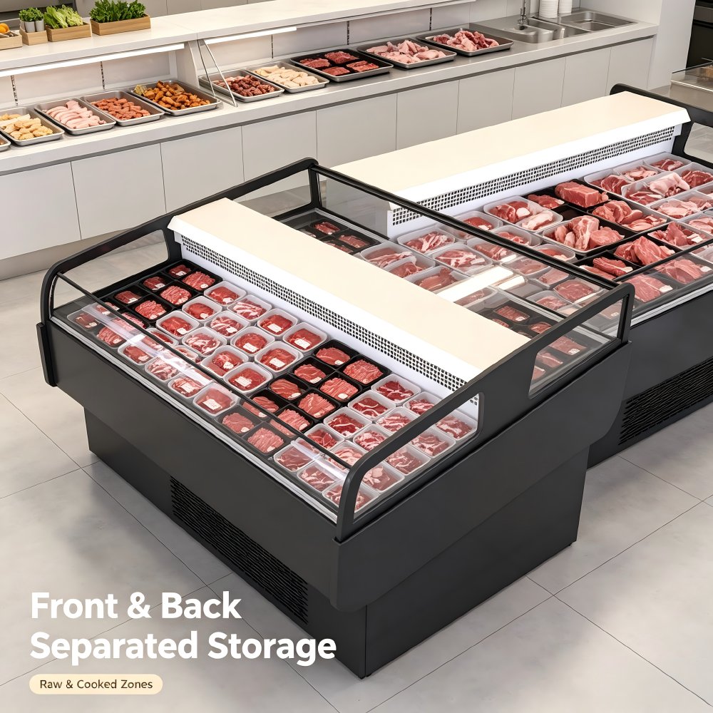 OEM Custom Length Digital Temp Control Slant Glass Island Fresh Meat Cooler