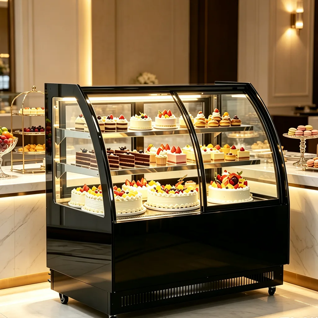 3 Layers Stainless Steel Shelves Cake Display Fridge Back & Front Door Curved Anti Fog Glass Pastry Chiller