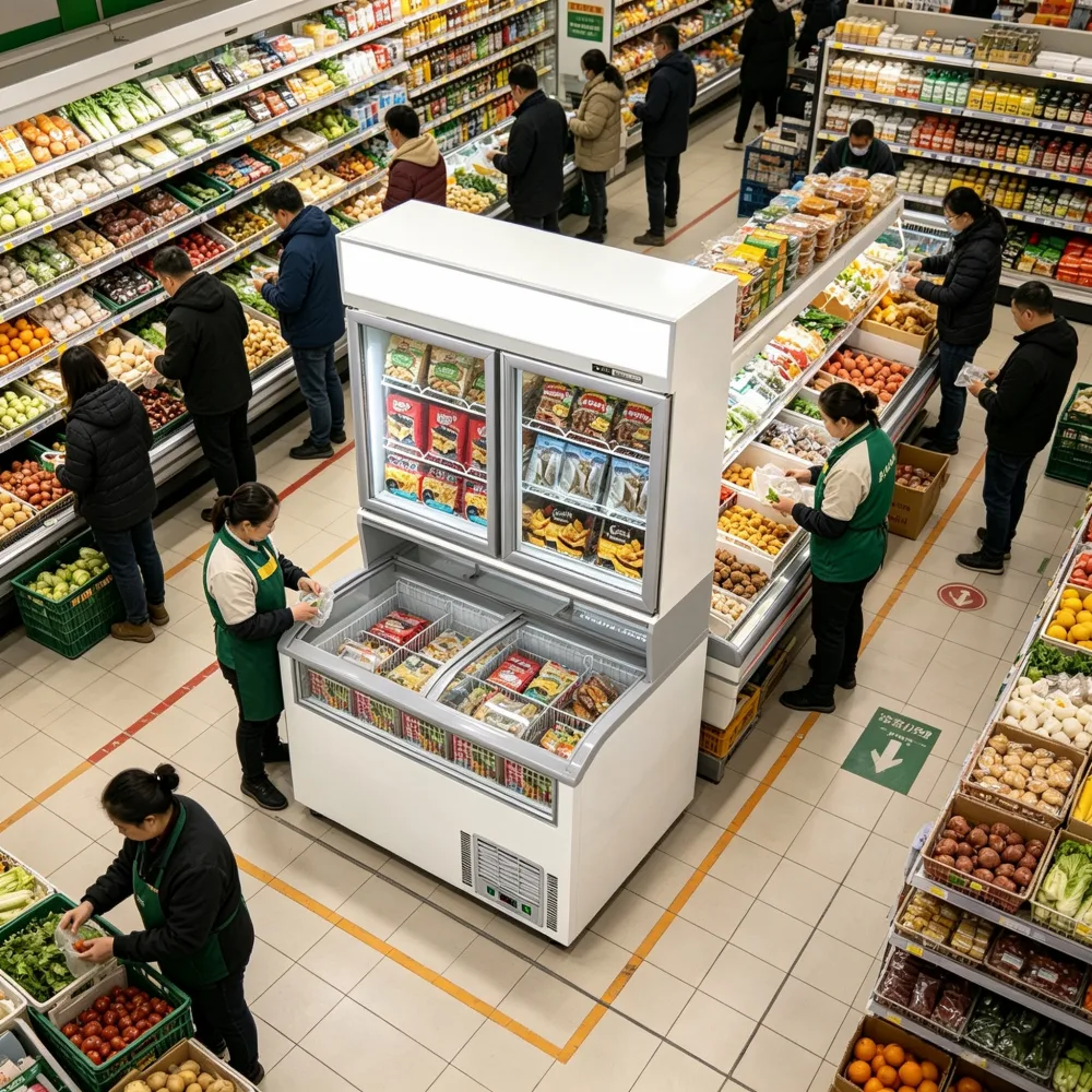 Energy Saving Low Noise Dual Zone Frozen Display Merchandiser Thick Polyurethane Insulation for Retail Shop