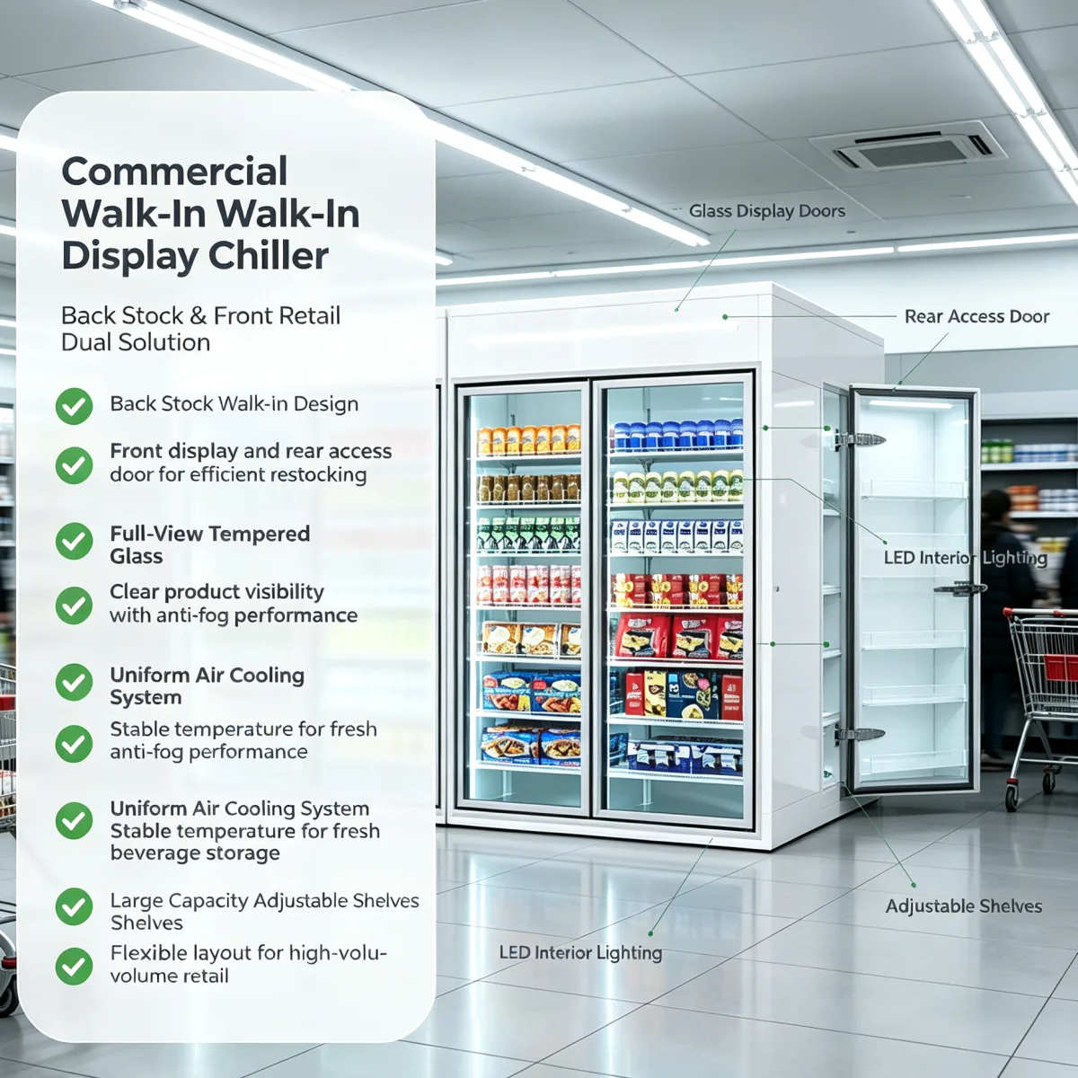 Supermarket Back Stock Refrigeration Solution Custom Glass Door Display Cooler Freezer Set OEM