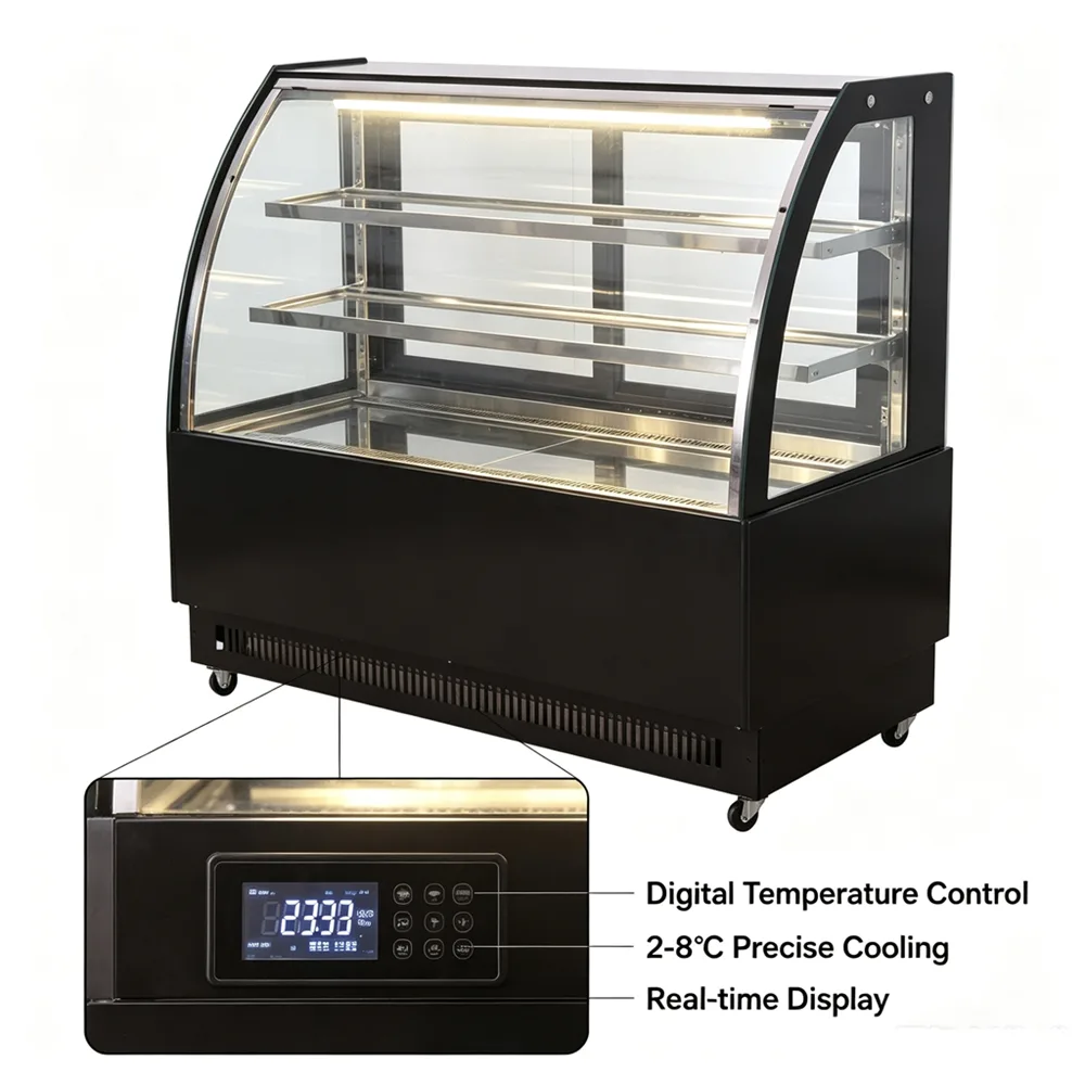 Black Modern Curved Glass Cake Showcase Commercial Bakery Display Refrigerator
