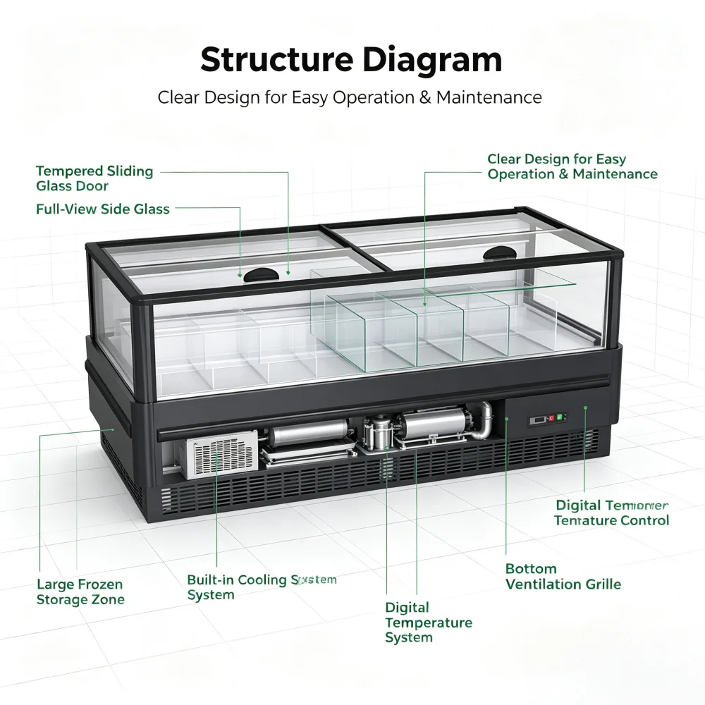 Modular Combined Island Freezer Supermarket Commercial Display Freezer Curved Glass Deep Freezer for Frozen Meat Seafood