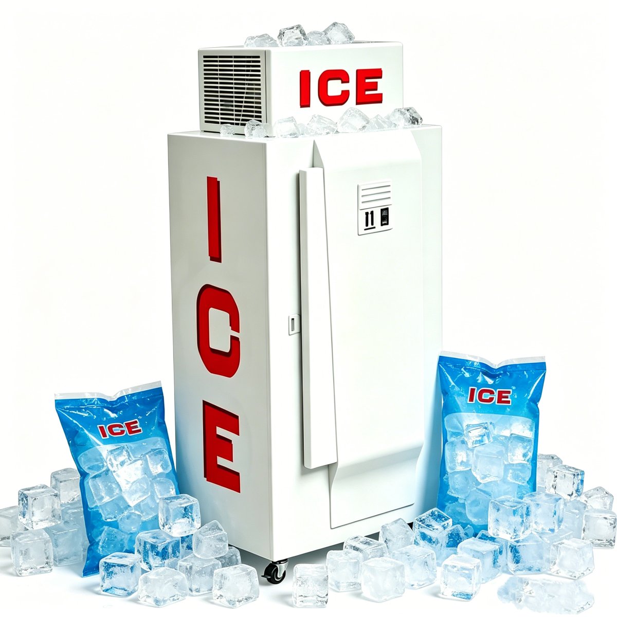 L-Single Solid Door Ice Merchandiser Freezer, Low Temperature Commercial Ice Storage Freezer with Brake Casters