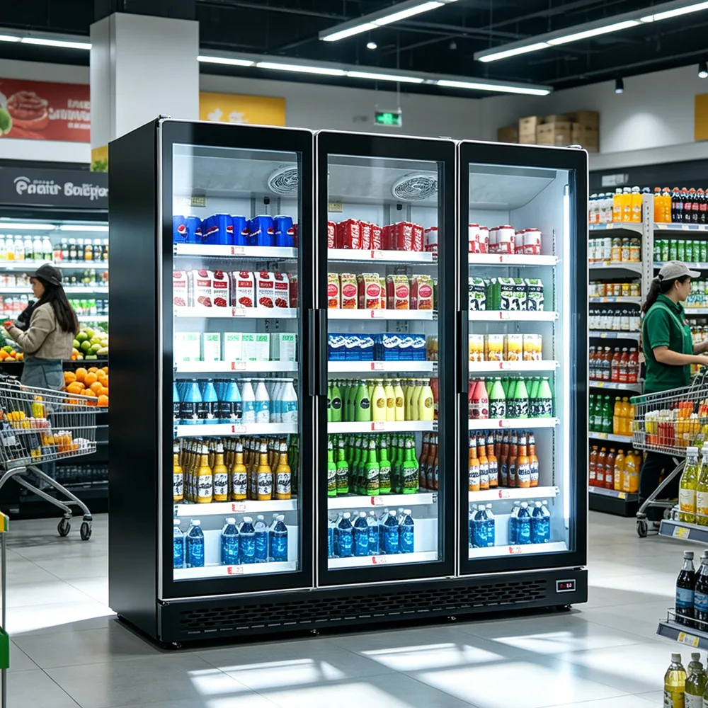 Full Air Cooling Triple Door Commercial Beverage Refrigerator with LED Light