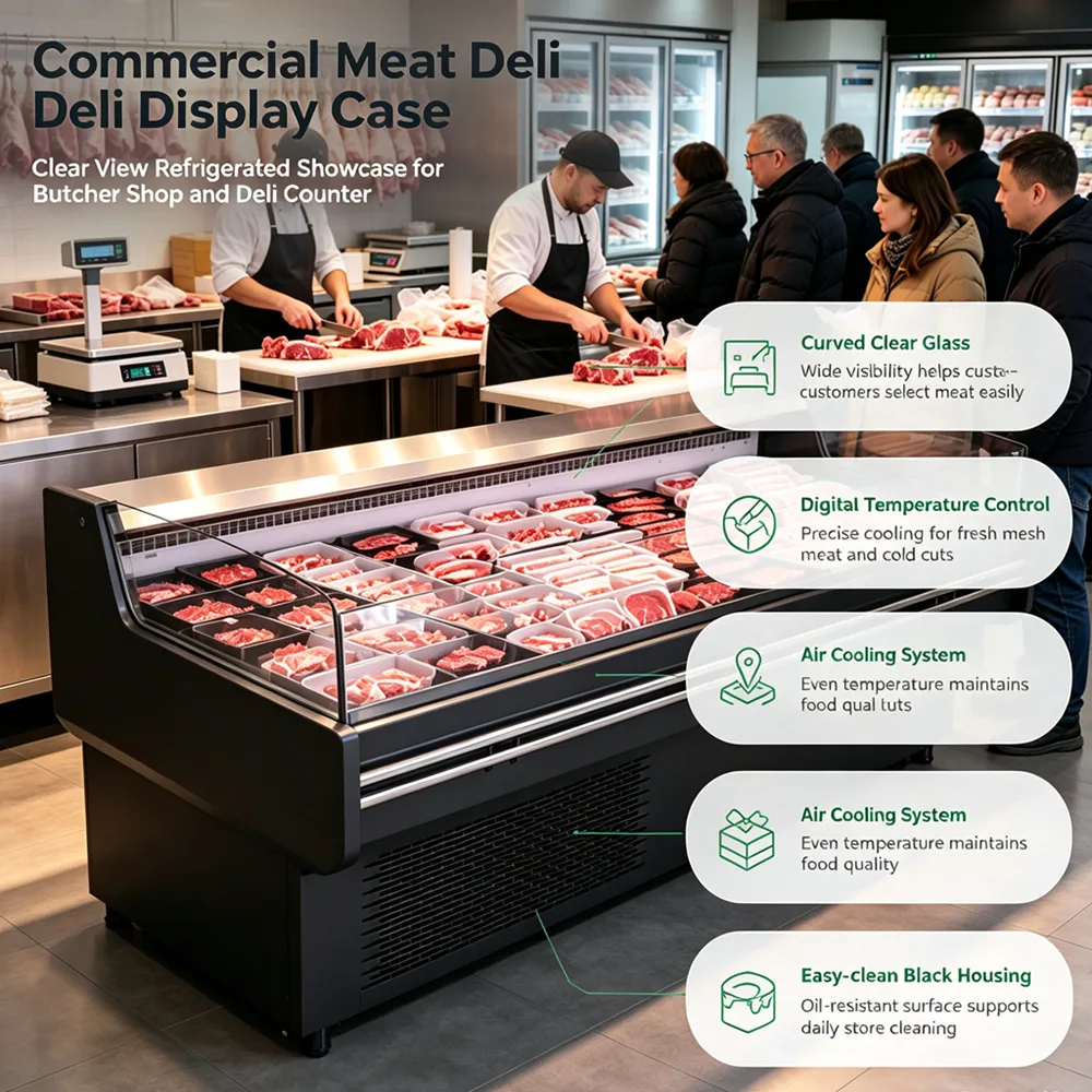 L Shape Corner Open Meat Display Cooler Air Cooling Raw Beef Pork Refrigerated Showcase