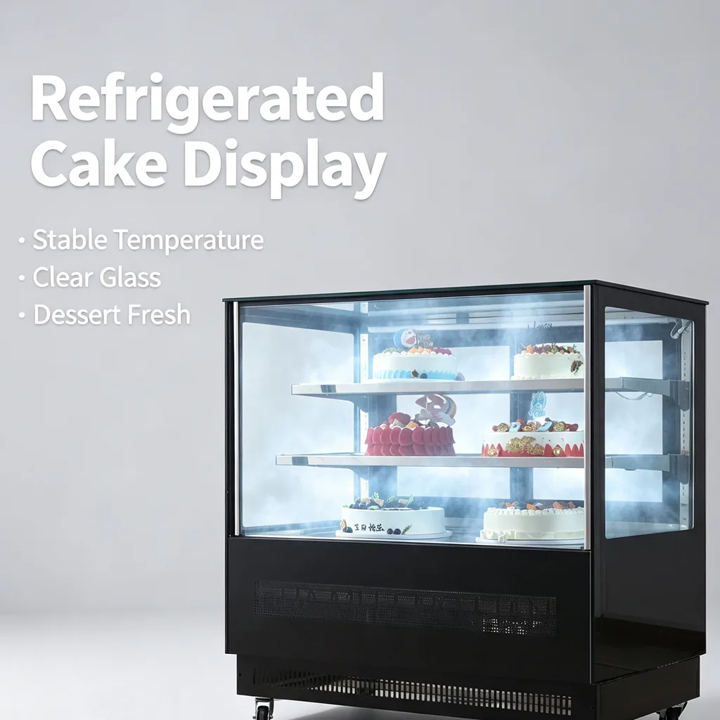 Cafe Use Cake Display Cooler Stainless Steel Shelves Front Back Double Door Showcase