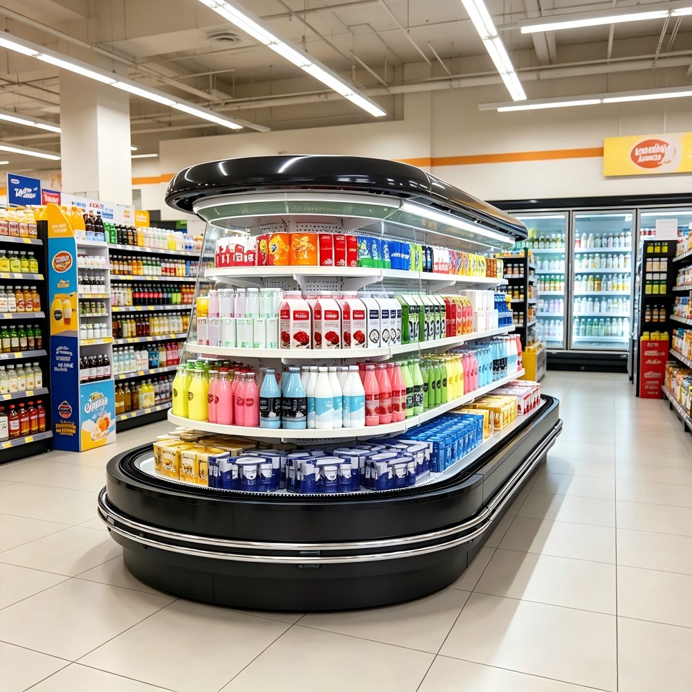 Energy Saving Black Finish Merchandiser Cooler Uniform Cooling Oval Island Chiller for Beverage