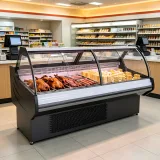 Curved Glass Commercial Deli Display Cooler Air Cooling Cooked Food Meat Showcase for Grocery Restaurant