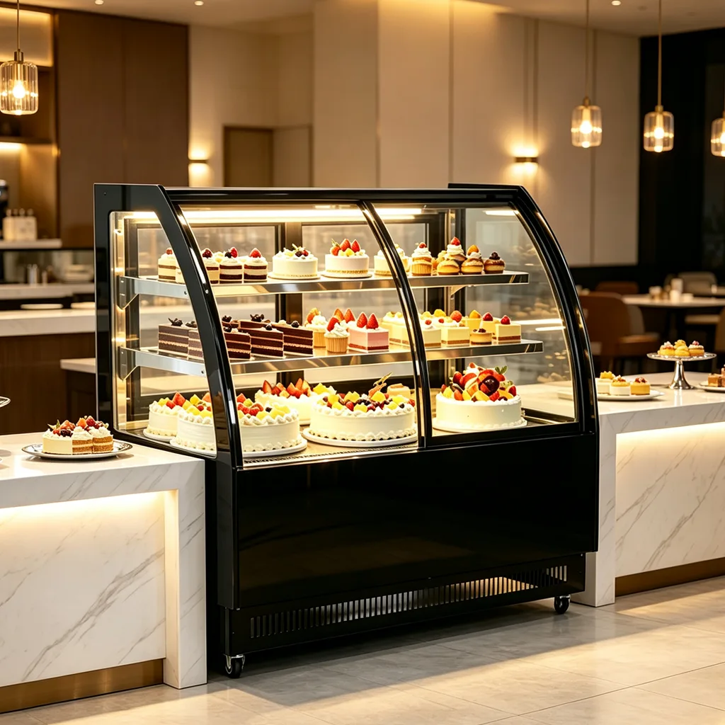 Mobile Wheel Design Bakery Dessert Showcase Back Front Door Curved Glass Air Cooling Cake Display Fridge
