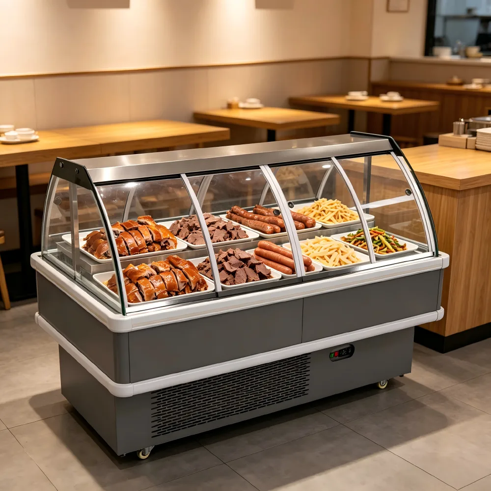 OEM Custom Size Curved Deli Display Case Brake Wheel Energy Saving Meat Chiller for Chain Supermarket Deli Area