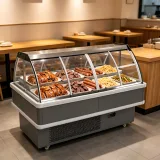 OEM Custom Size Curved Deli Display Case Brake Wheel Energy Saving Meat Chiller for Chain Supermarket Deli Area