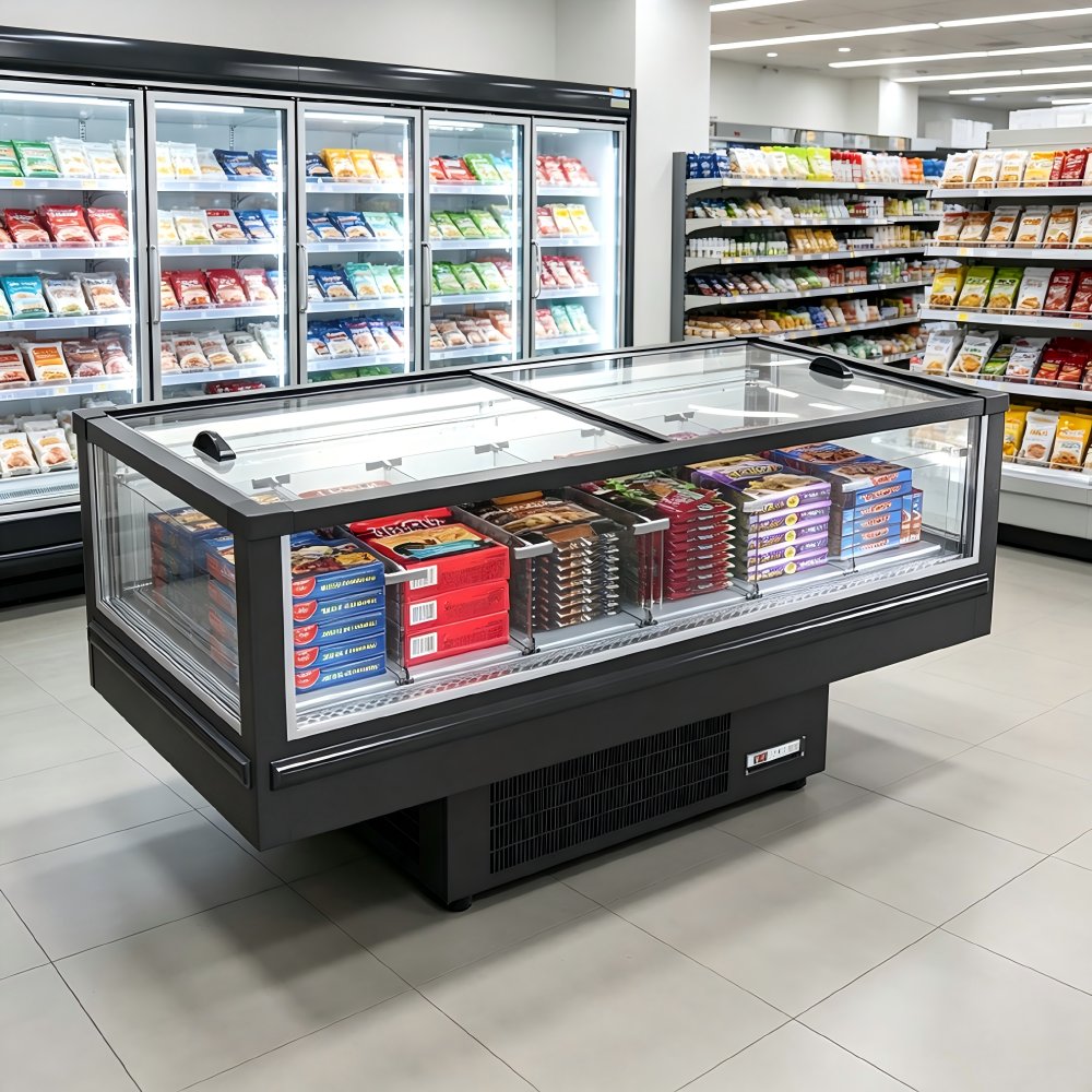 Sliding Glass Freezer Commercial Island Display Freezer for Supermarket Frozen Food Ice Cream Seafood Storage