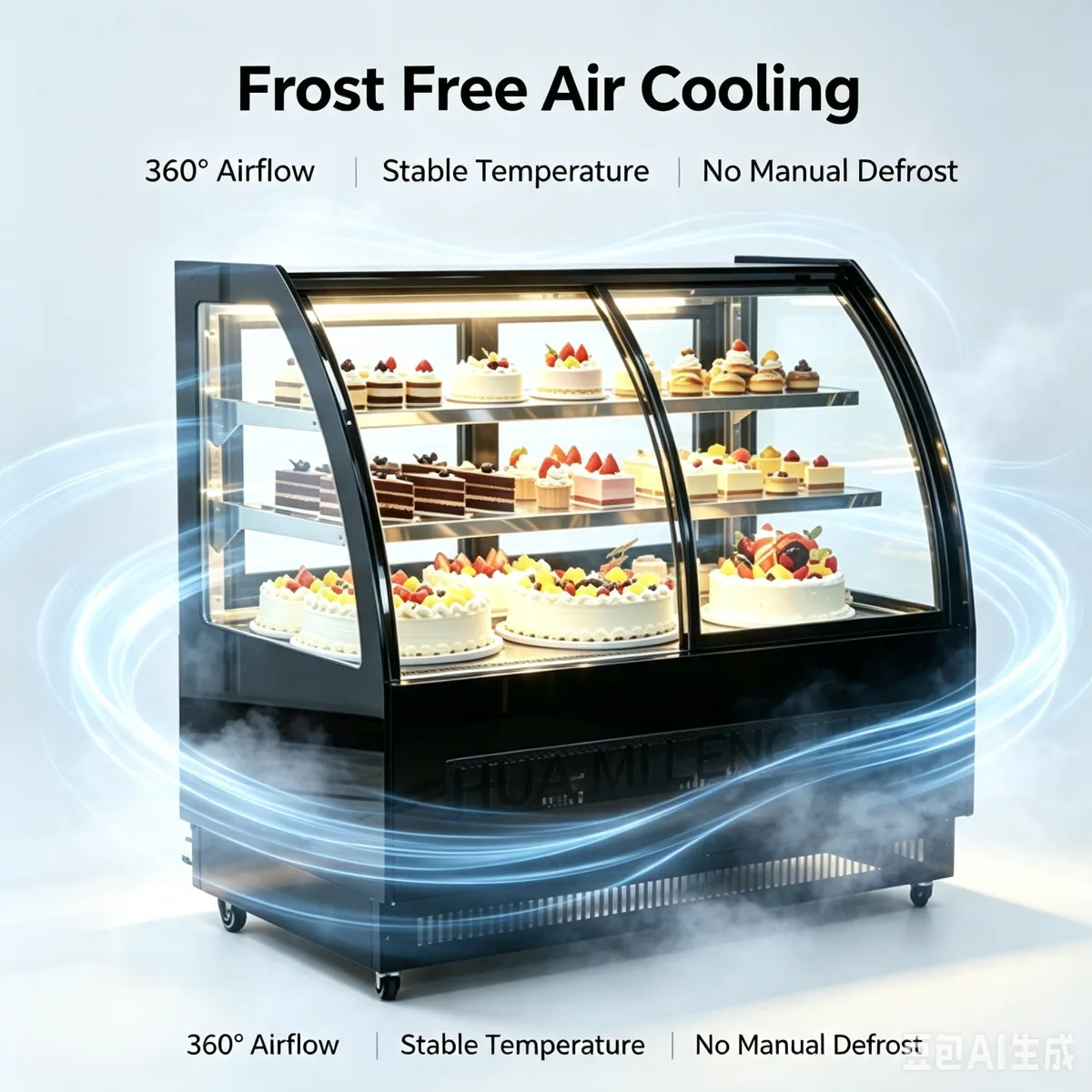 3 Layers Stainless Steel Shelves Cake Display Fridge Back & Front Door Curved Anti Fog Glass Pastry Chiller