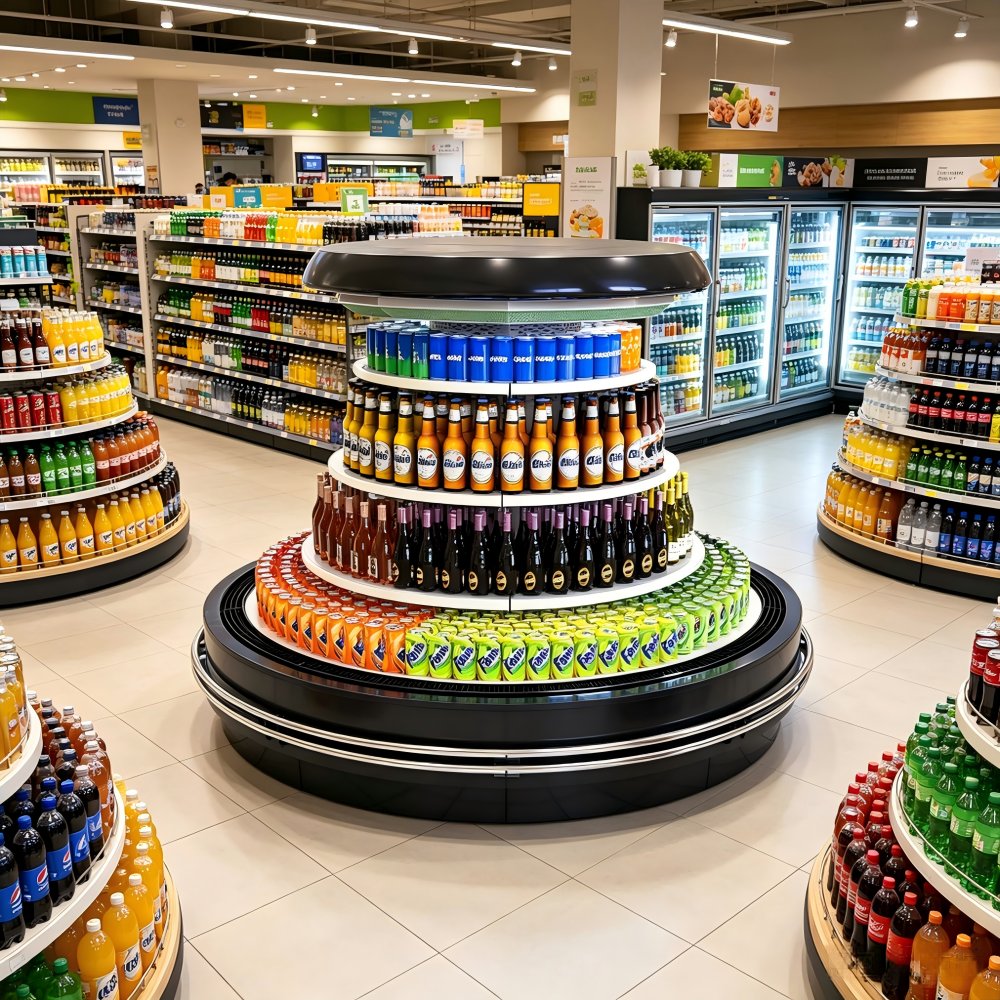 Compact Freestanding Display Cooler Multi Tier Shelves Circular Display Chiller for Store Center