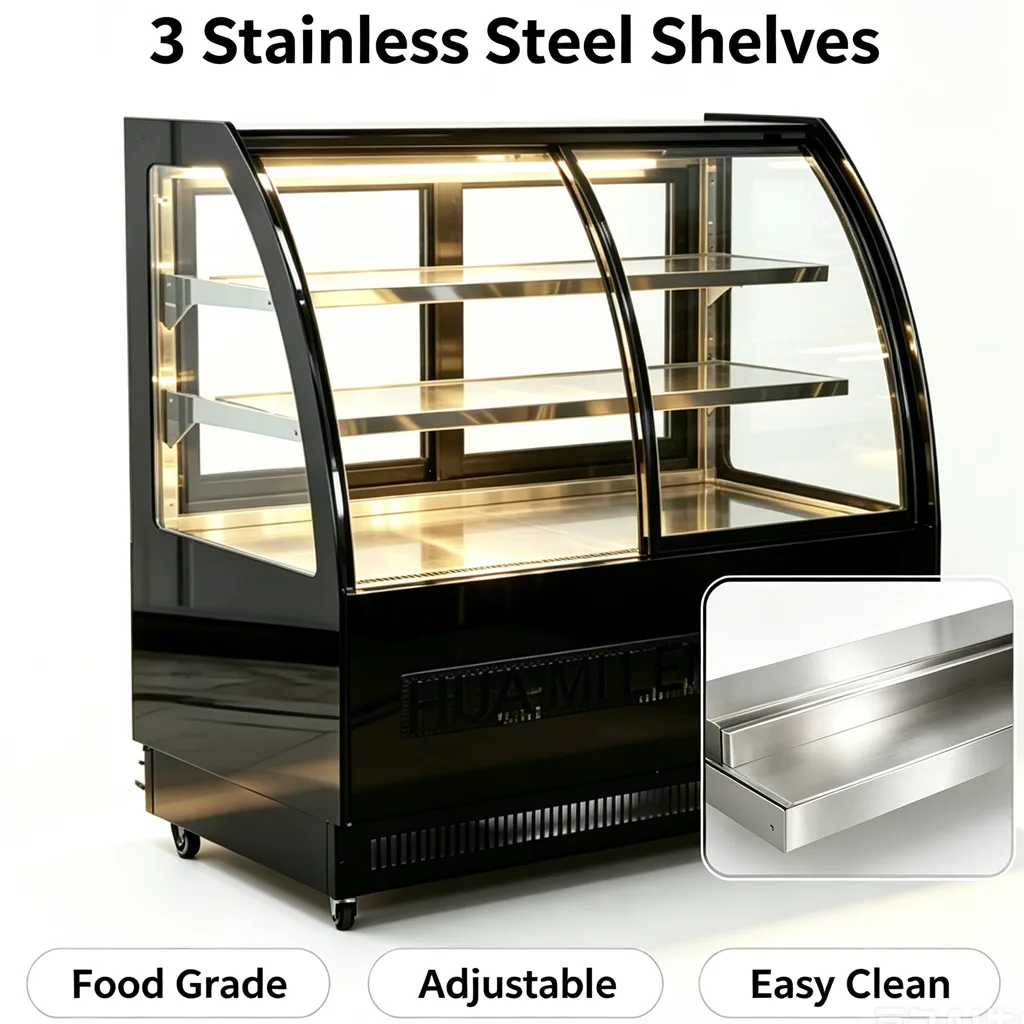 Bakery Shop Use Back & Front Open Cake Refrigerator Anti Fog Glass Dessert Display Cabinet With Wheels