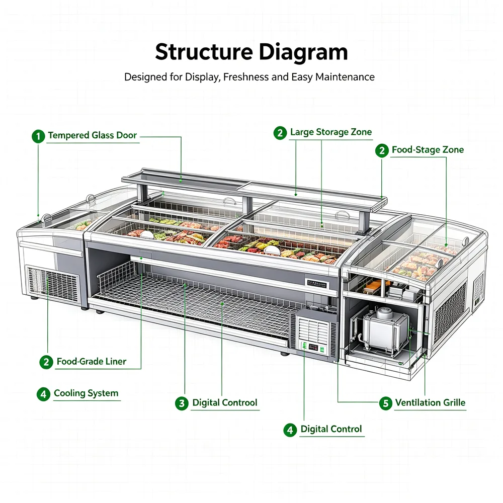 Grey Curved Lid Island Display Freezer Large Capacity Deep Frozen Food Showcase