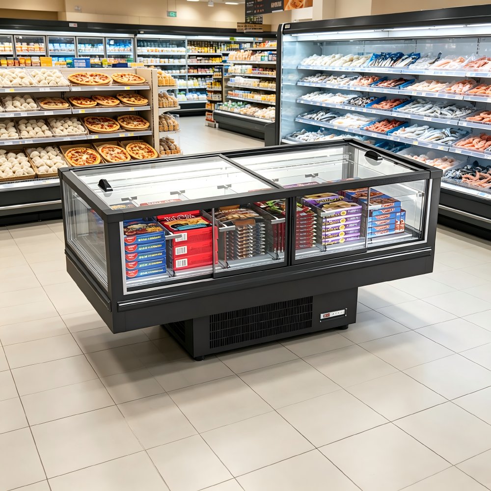 Low Noise Compressor Single Sliding Transparent Glass Chest Display Freezer