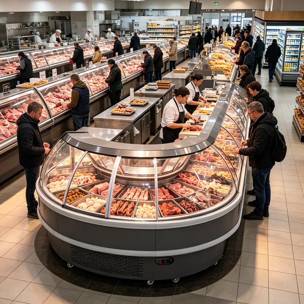 Stain Resistant Curved Flip Glass Deli Showcase Energy Saving Refrigerated Meat Chiller for Commercial Food Retail Shop