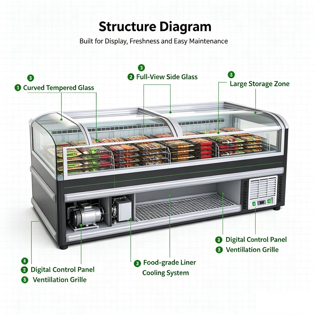 Flat Glass Top Commercial Island Display Freezer Air Cooling Frozen Food Seafood Chest Freezer for Supermarket