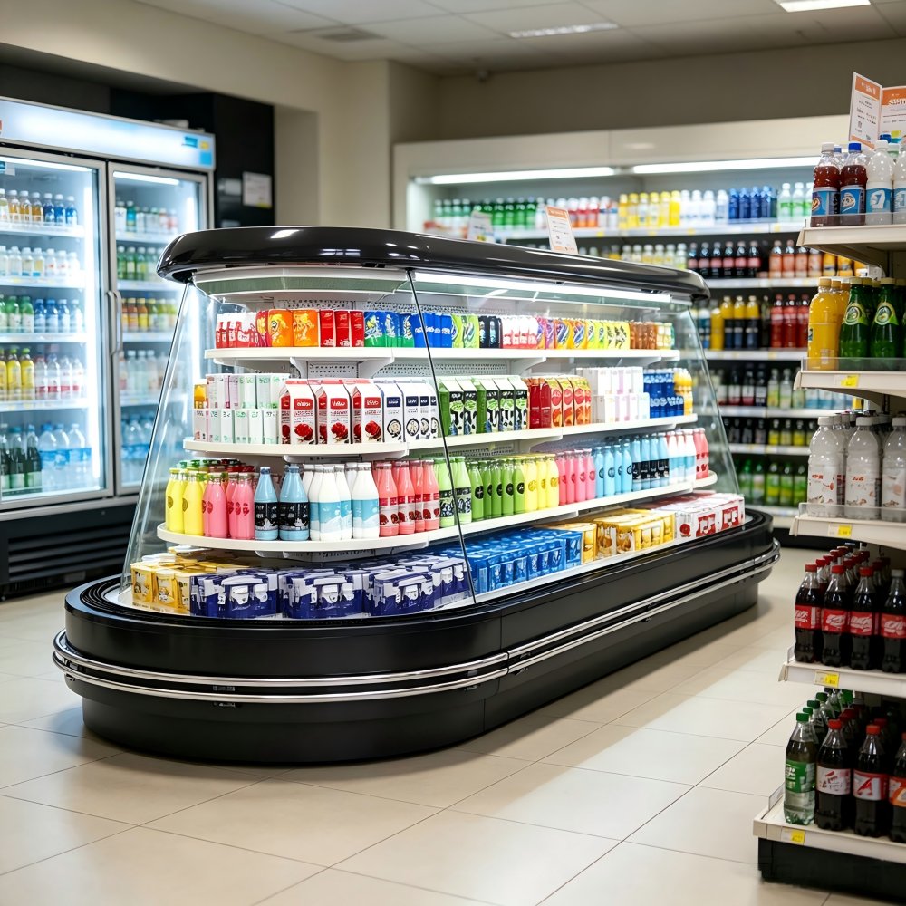 Space Saving Curved Shape Cooler Large Storage Oval Island Chiller for Retail Store Layout