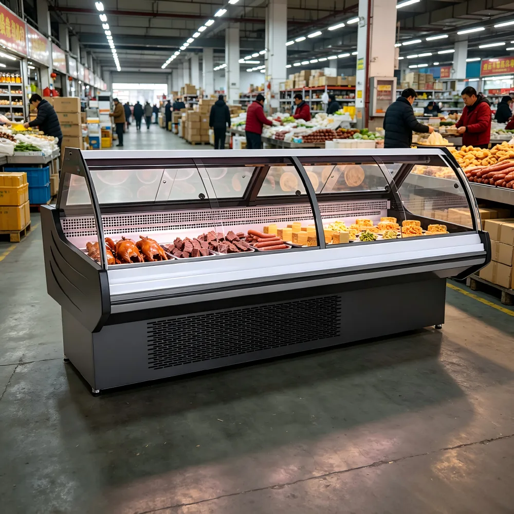 OEM Curved Glass Deli Refrigerated Display Counter Energy Saving Meat Chiller for Supermarket Deli Section