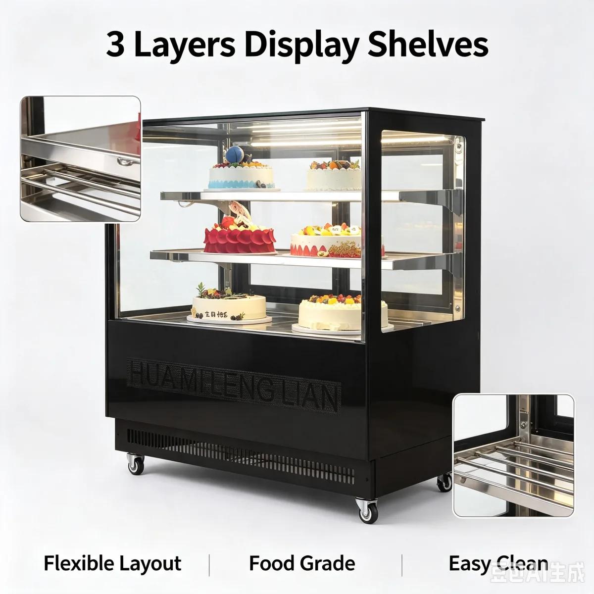 Cafe Use Cake Display Cooler Stainless Steel Shelves Front Back Double Door Showcase