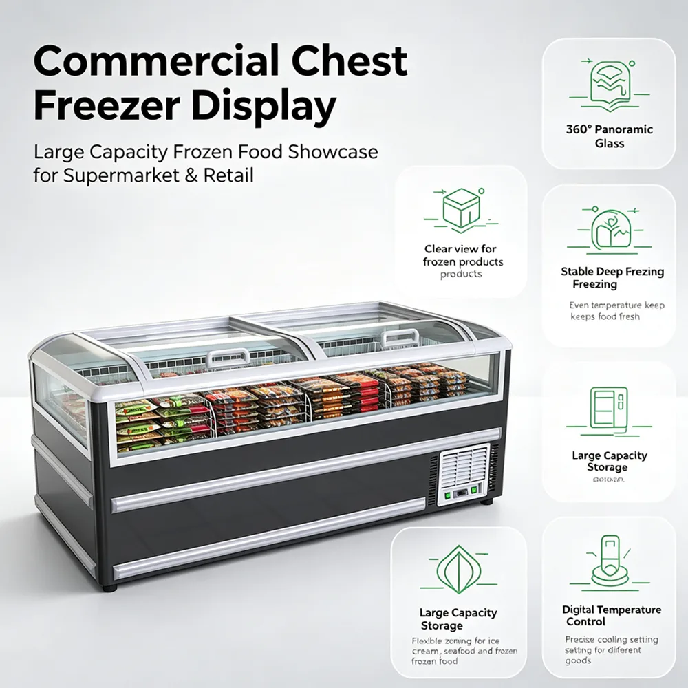Low Noise Horizontal Frozen Showcase Freezer Food Grade Liner Large Capacity Side View Display Freezer for Meat Market