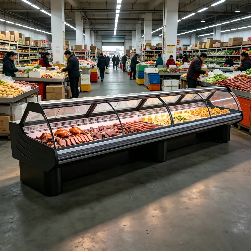 Long Curved Glass Butcher Display Fridge LED Light Fresh Meat Cheese Salad Refrigerated Chiller