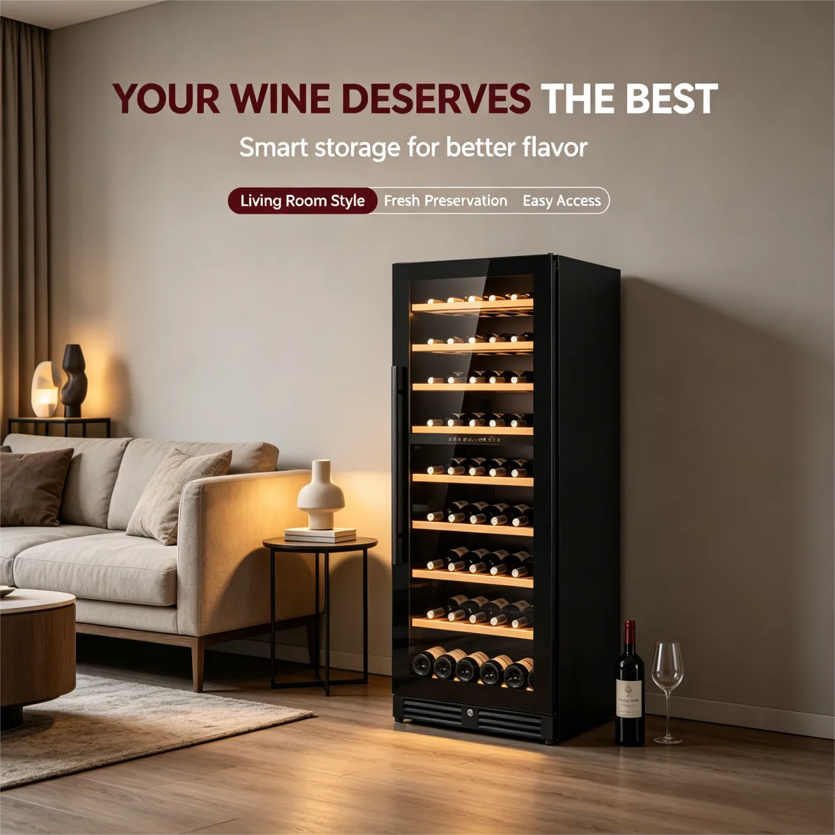 C-275L Vertical Built-in Wine Refrigerator Solid Wood Racks 5-20℃