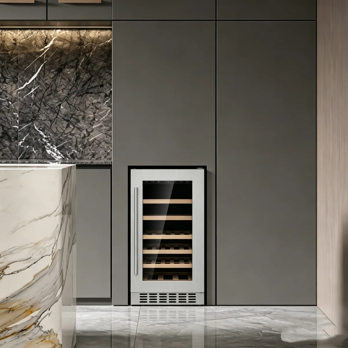 L- Built in Single Glass Door Wine Cooler Stainless Steel Undercounter Wine Fridge  for Home Kitchen Bar Wine Storage