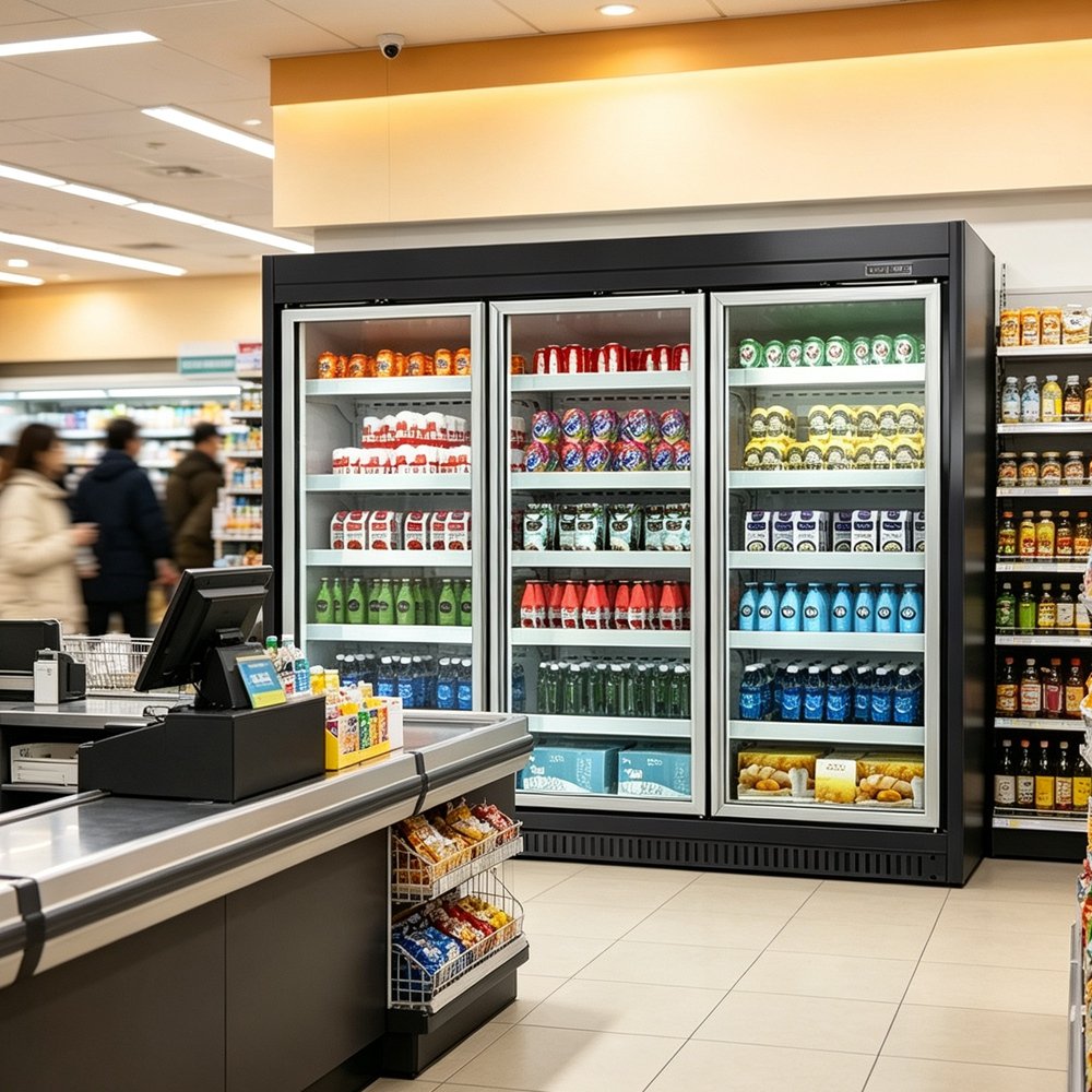 Triple Door Tempered Glass Commercial Beverage Fridge Auto Defrost Glass Door Display Chiller for Supermarket