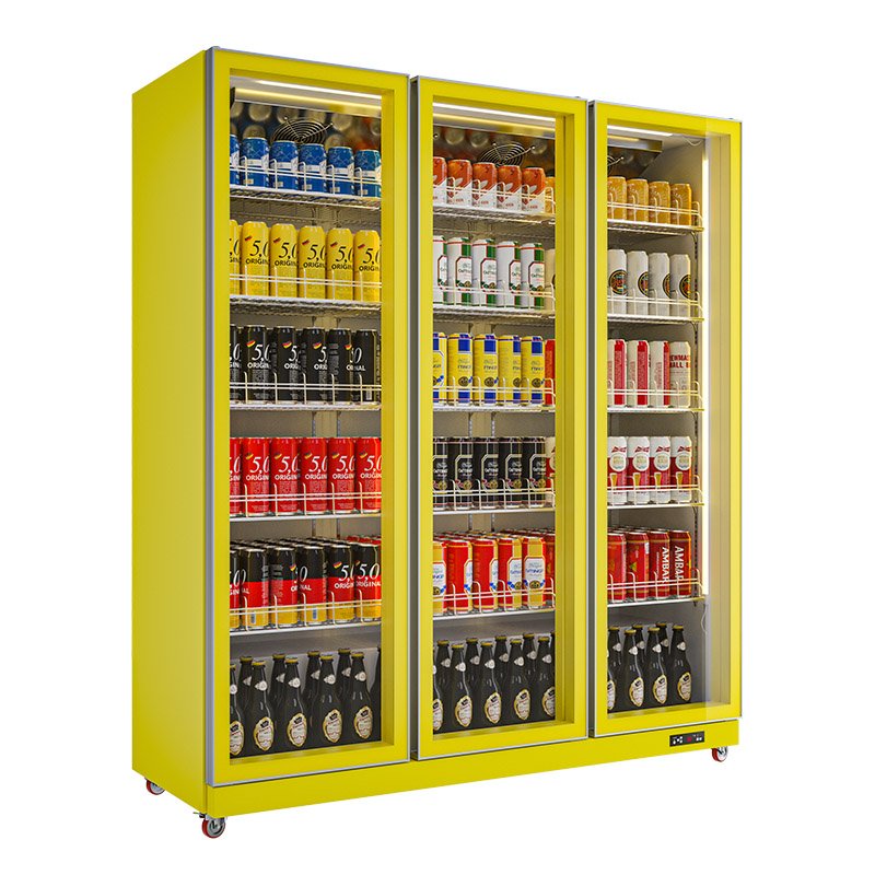 Fan Cooling Yellow Color Three Doors Display Wine Beer Fridge