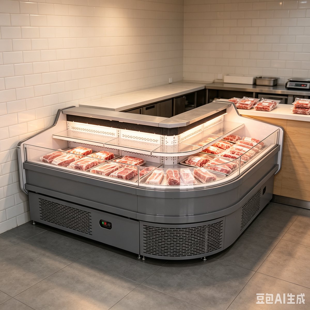 Stainless Steel Corner Refrigerated Counter LED Lighting Meat Display Case for Butchery Chain Store
