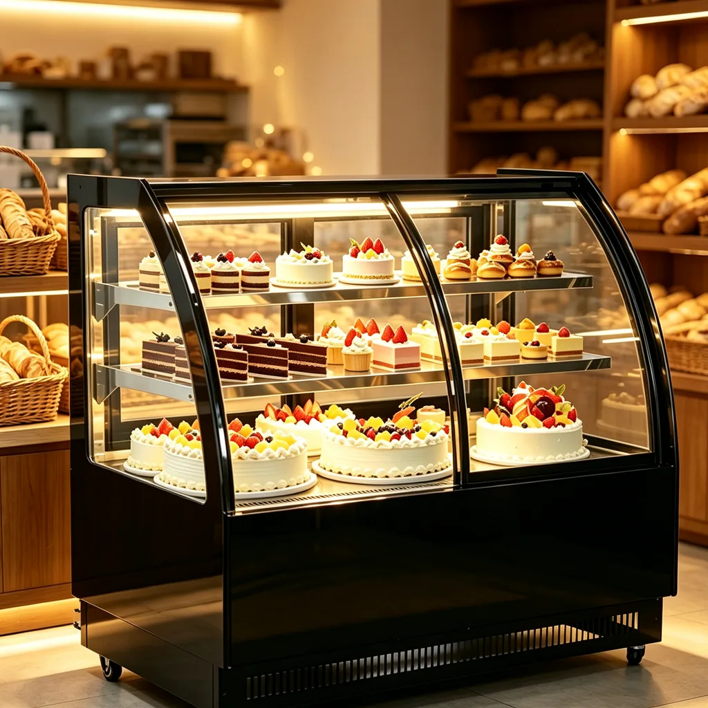Back Front Door Curved Glass Cake Display Chiller Anti Fog Dessert Refrigerated Showcase for Bakery Cafe