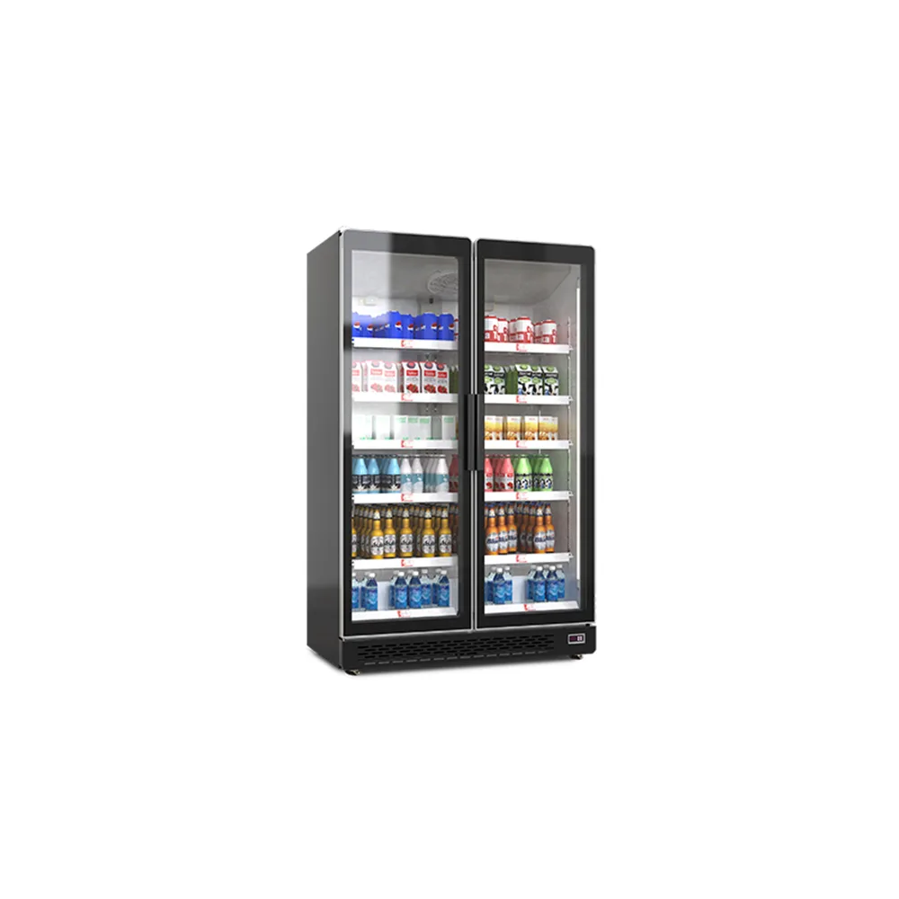 Double Glass Door Commercial Beverage Cooler, Upright Vertical Drink Display Refrigerator for Convenience Store Cafe Bar